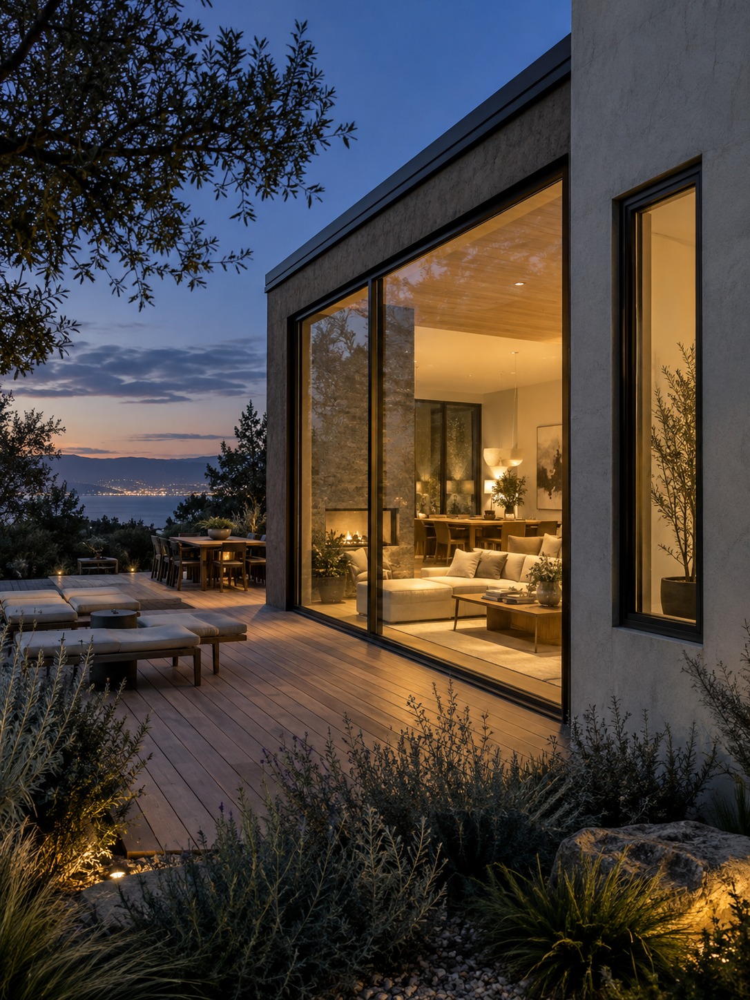 Garden elevation dusk Contemporary garden elevation with large fixed glazing and a slim casement at dusk | Sky Rye Design Contemporary garden elevation with large fixed glazing and a slim casement at dusk
