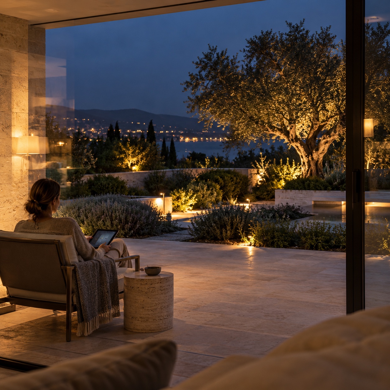 Homeowner checking garden lighting from a seated position after dark
