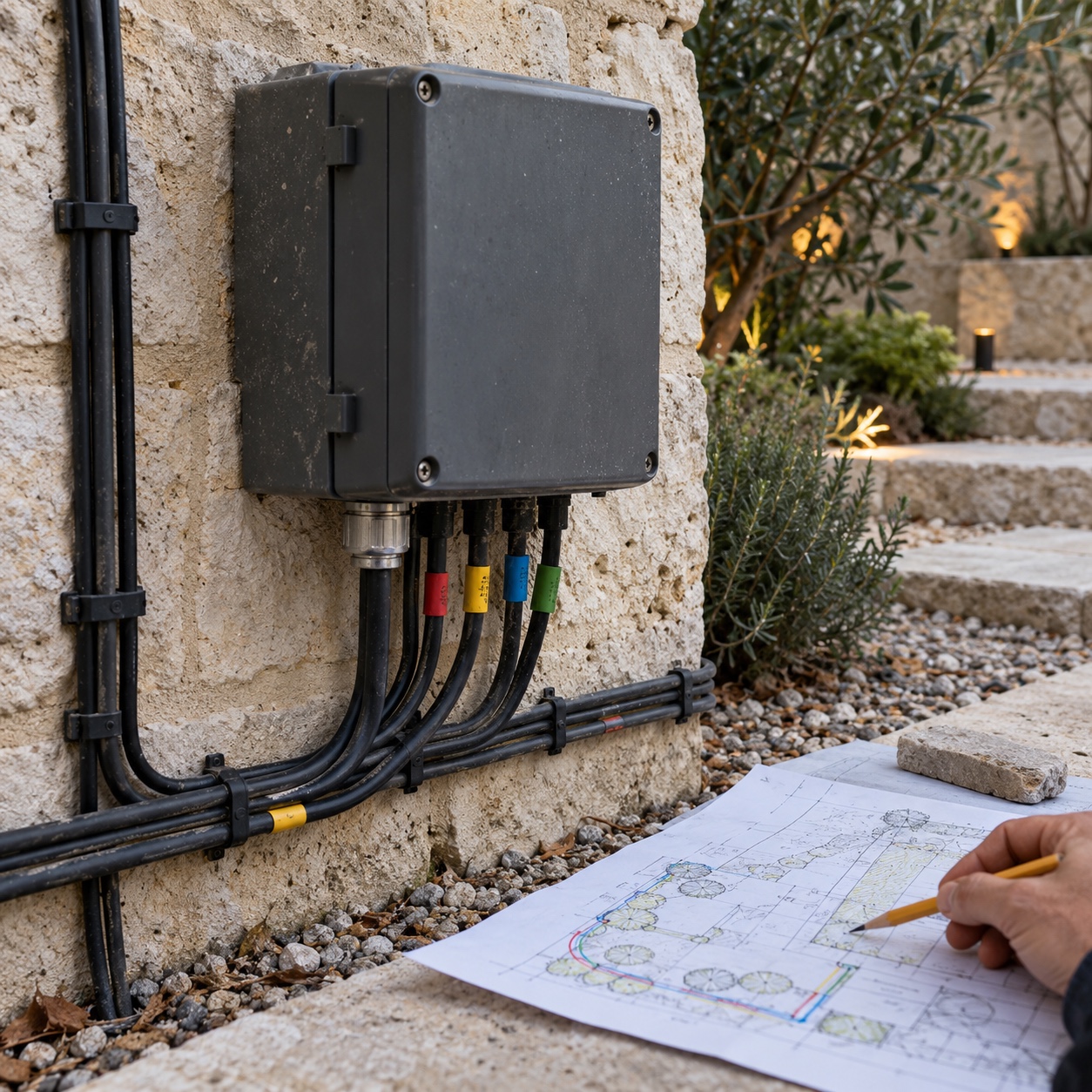 Weatherproof garden lighting controls with planned cable routes