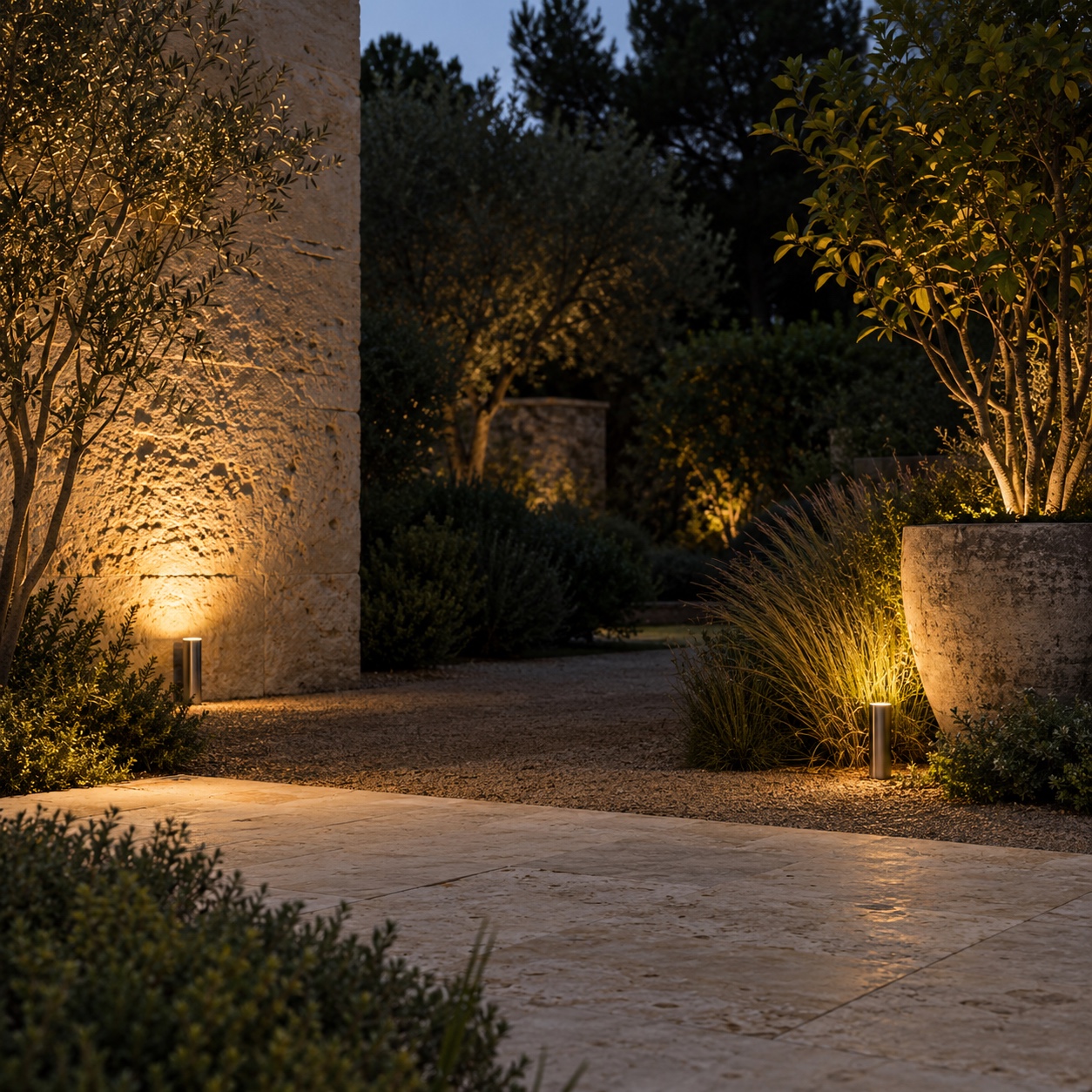 Two illuminated garden features separated by a deliberate dark interval