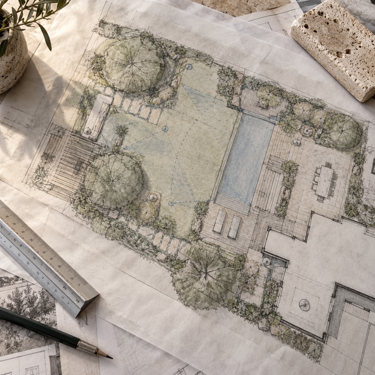 Hand-drawn garden lighting design plan with sightlines and fixture symbols