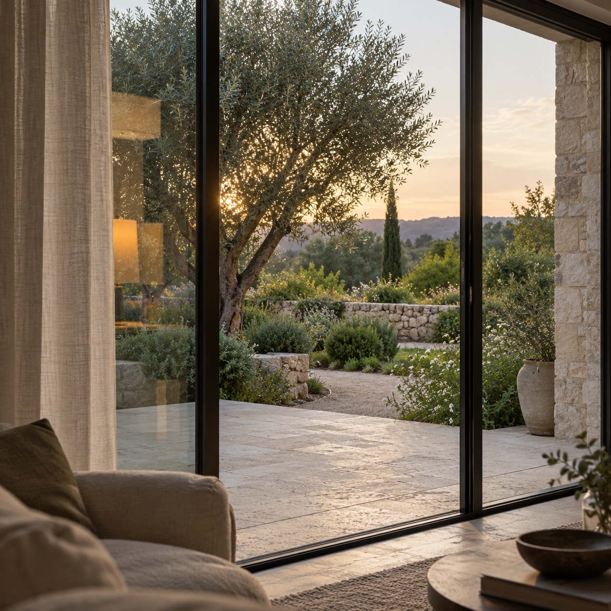Garden view framed by patio doors from a living-room chair