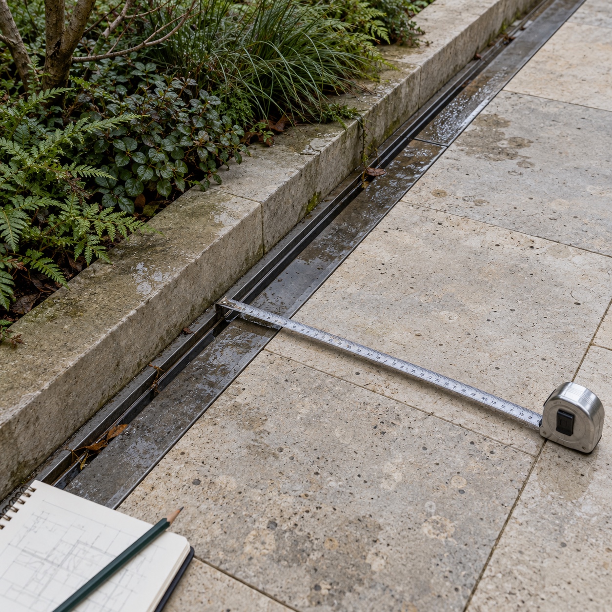 Tape measure and notebook used for a garden lighting site survey