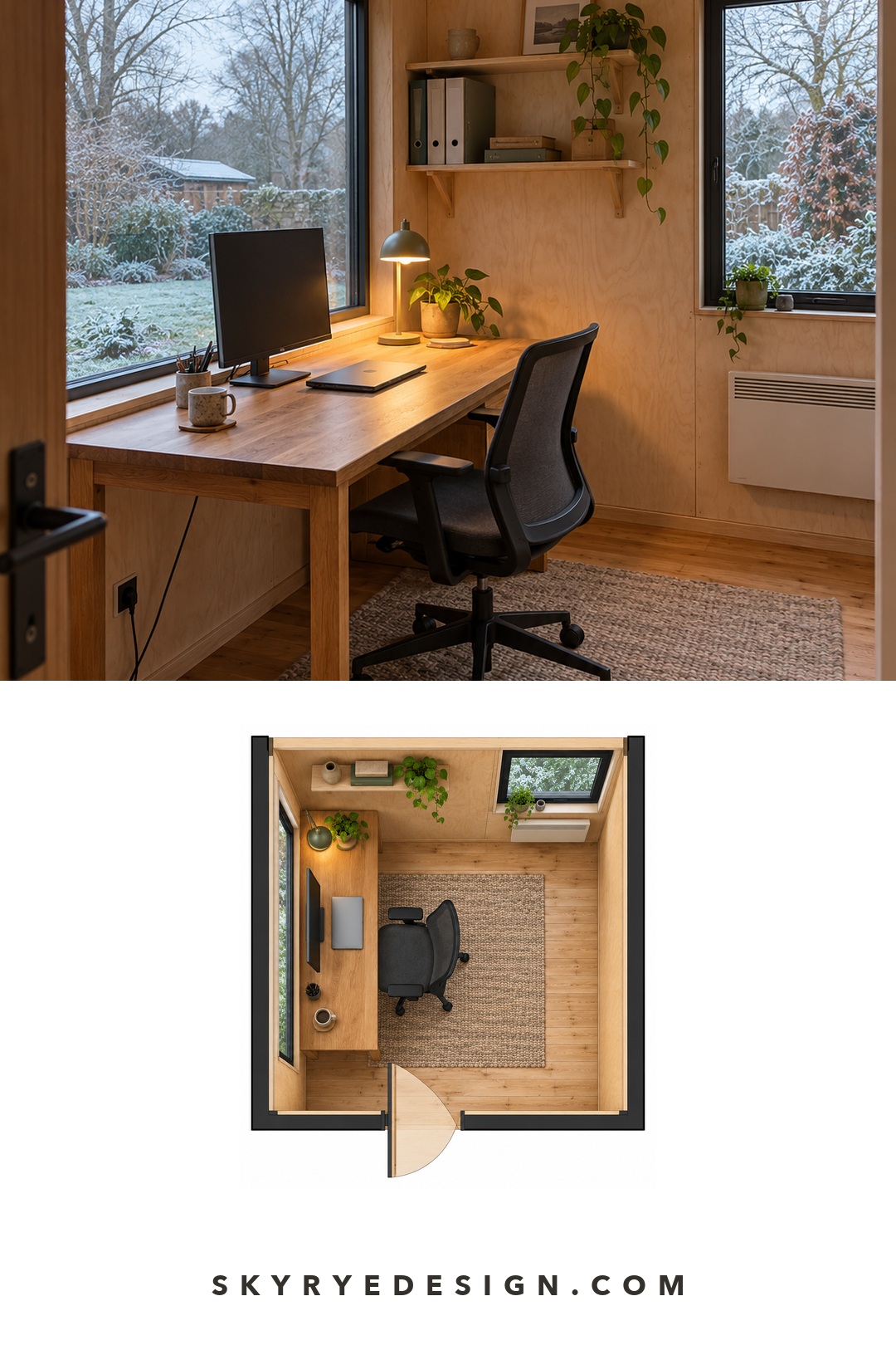Photo and top-down floor plan of a compact garden office with a desk beside two windows