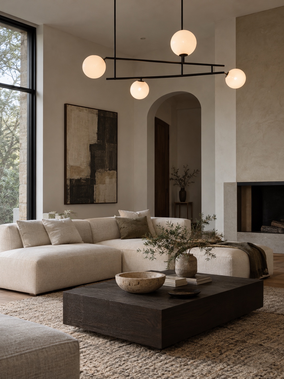 Matte black geometric chandelier with opal glass globes in a contemporary living room