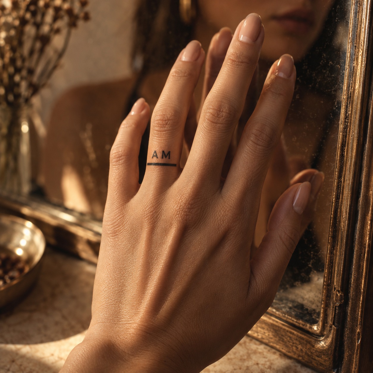 Woman's ring finger with geometric A and M initials above a slim black band