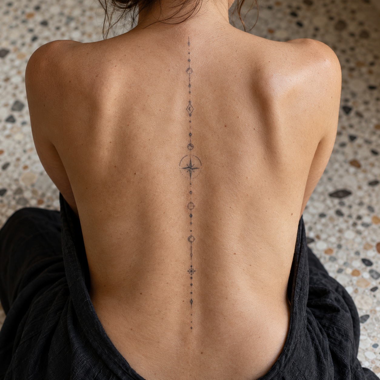 Fine geometric tattoo following the spine