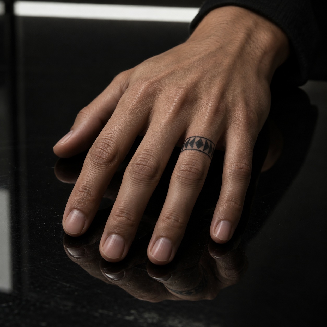 Ring finger with a black band of repeating triangles and a central diamond