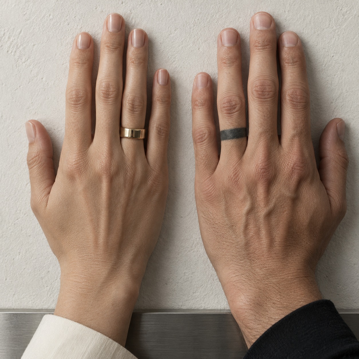 Two hands comparing a polished gold wedding band with a matching black ring tattoo