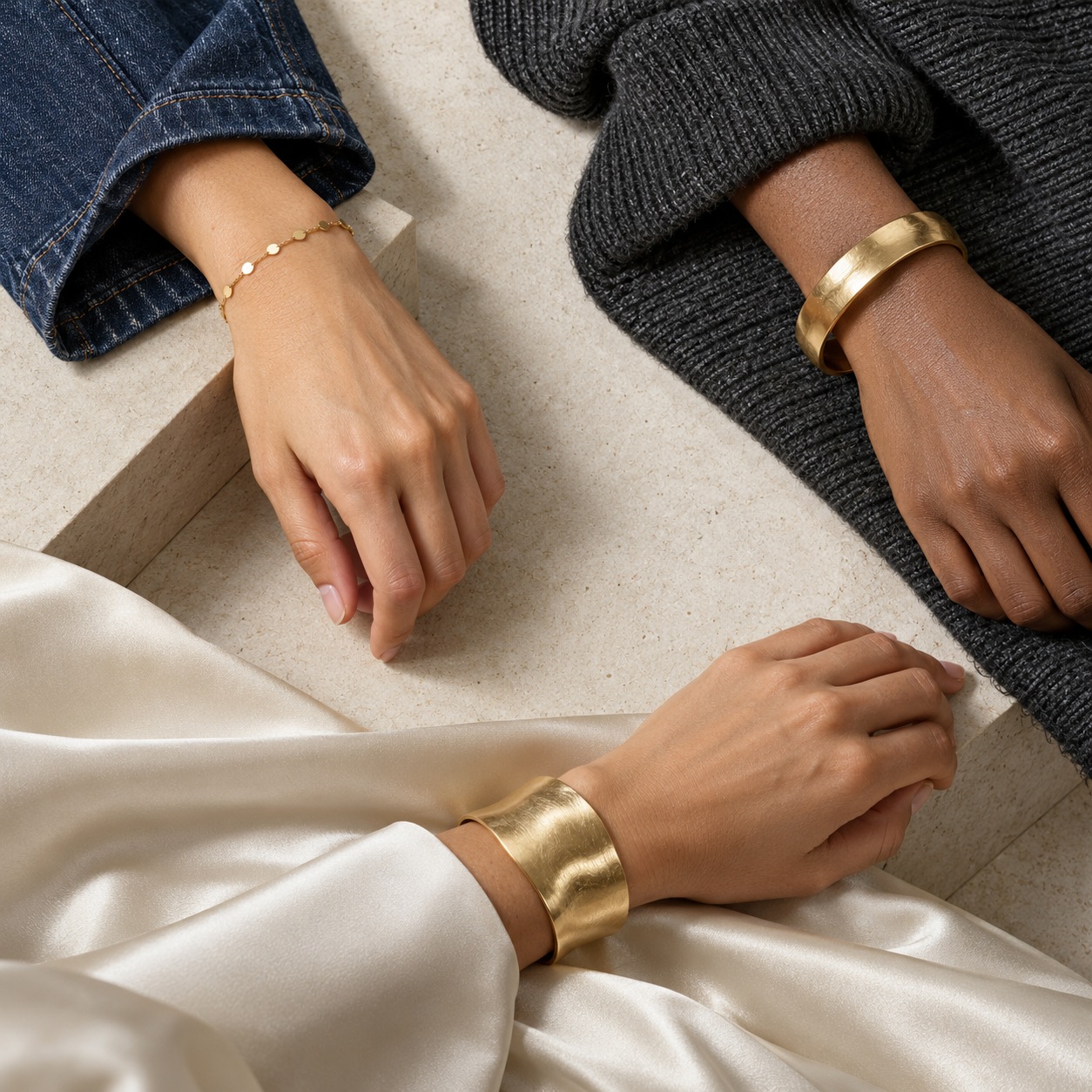 Gold jewelry with denim knit and satin Three wrists pairing gold-plated jewelry with indigo denim, charcoal knit and ivory satin. | Sky Rye Design Three wrists pairing gold-plated jewelry with indigo denim, charcoal knit and ivory satin.