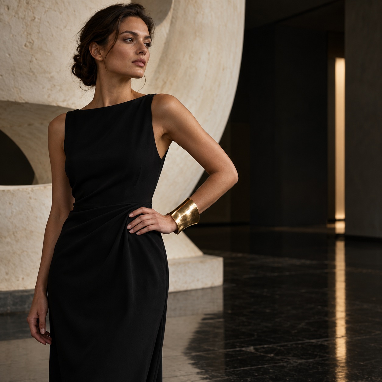 Gold-plated cuff for an evening look Woman in a simple black column dress wearing one broad sculptural gold-plated cuff as the main focal point. | Sky Rye Design Woman in a simple black column dress wearing one broad sculptural gold-plated cuff as the main focal point.