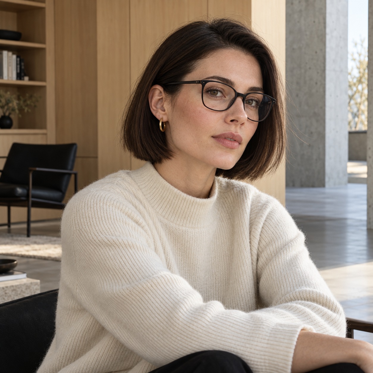 Gold-plated hoops with short hair and glasses Woman with a short bob, matte black glasses and small gold-plated hoops in a minimalist reading room. | Sky Rye Design Woman with a short bob, matte black glasses and small gold-plated hoops in a minimalist reading room.