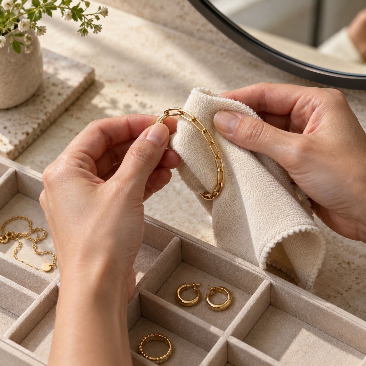 Caring for gold-plated jewelry with a soft cloth Hands gently wiping a gold-plated bracelet with a soft cloth above a compartmentalized jewelry tray. | Sky Rye Design Hands gently wiping a gold-plated bracelet with a soft cloth above a compartmentalized jewelry tray.