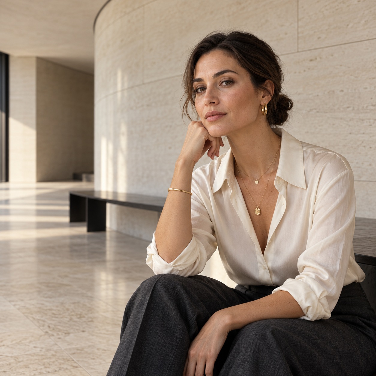Gold-plated jewelry styling with modern tailoring Woman styling layered gold-plated necklaces, sculptural hoops and a slim bracelet in a modern limestone interior. | Sky Rye Design Woman styling layered gold-plated necklaces, sculptural hoops and a slim bracelet in a modern limestone interior.