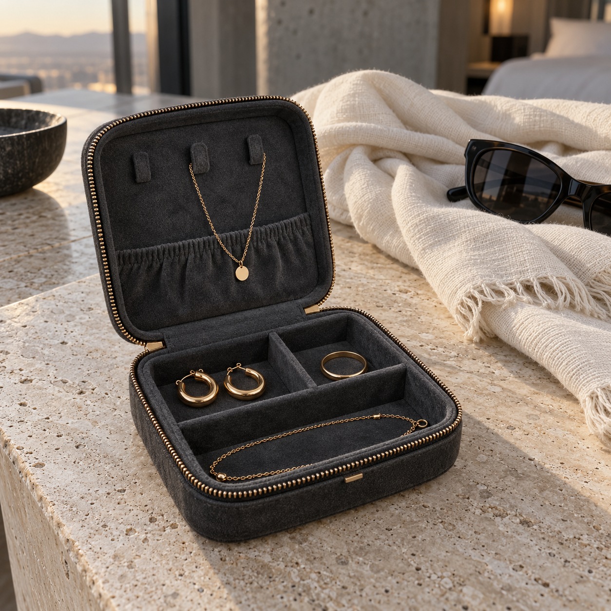 Gold-plated jewelry travel capsule Compact charcoal jewelry case holding hoops, a fine necklace, a slim bracelet and a plain ring in separate compartments. | Sky Rye Design Compact charcoal jewelry case holding hoops, a fine necklace, a slim bracelet and a plain ring in separate compartments.