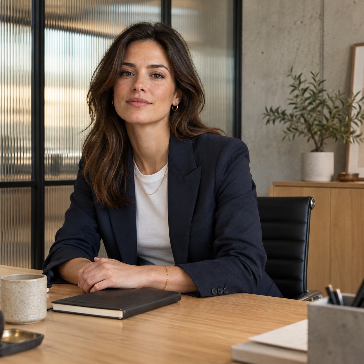 Gold-plated jewelry with tailored workwear Creative professional in a navy suit wearing small gold-plated hoops, a fine chain and a slim bracelet. | Sky Rye Design Creative professional in a navy suit wearing small gold-plated hoops, a fine chain and a slim bracelet.