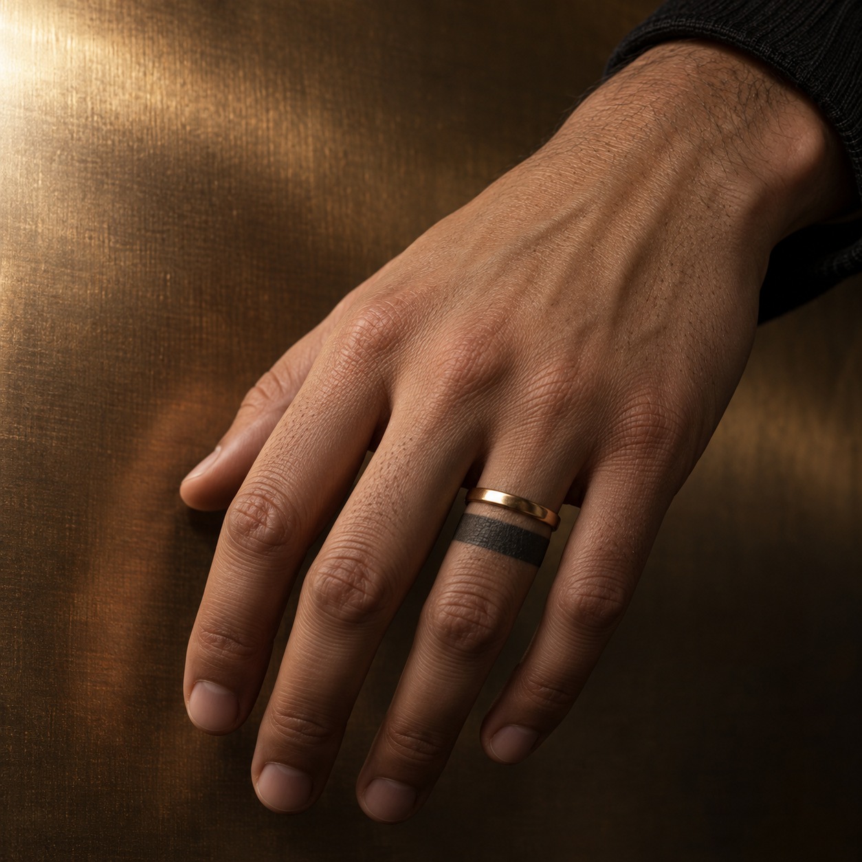 Slim gold wedding ring worn over a bold black tattooed band