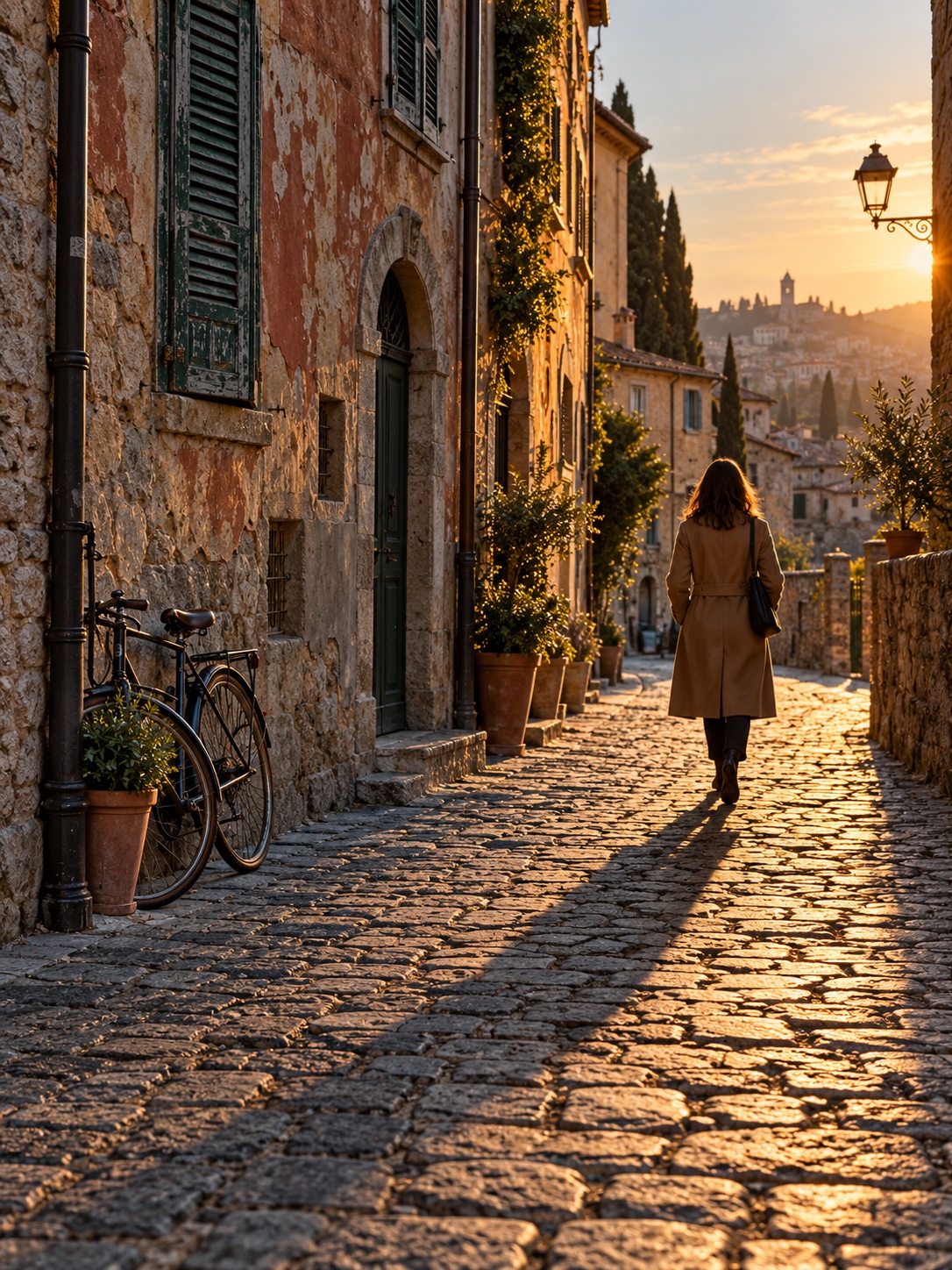 Golden-hour street Low golden-hour sun raking across a cobbled street as a pedestrian casts a long shadow toward the camera | Sky Rye Design Low golden-hour sun raking across a cobbled street as a pedestrian casts a long shadow toward the camera