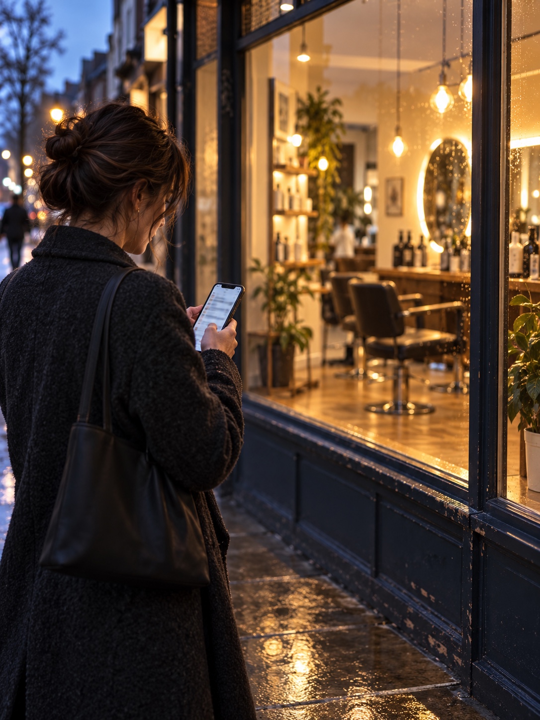 Client checking local salon options on a phone A client uses a phone outside a warmly lit salon at dusk. | Sky Rye Design A client uses a phone outside a warmly lit salon at dusk.