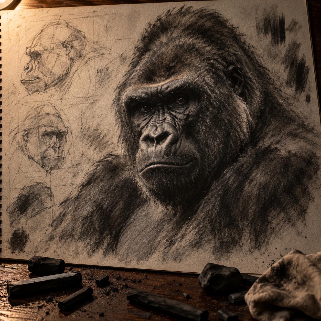 Charcoal gorilla drawing Textured charcoal gorilla study with matte shadows and lifted highlights | Sky Rye Design Textured charcoal gorilla study with matte shadows and lifted highlights