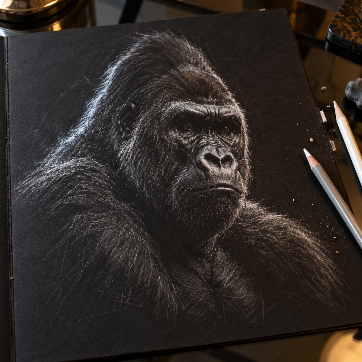 Gorilla on black paper White and gray colored-pencil gorilla study on black paper | Sky Rye Design White and gray colored-pencil gorilla study on black paper