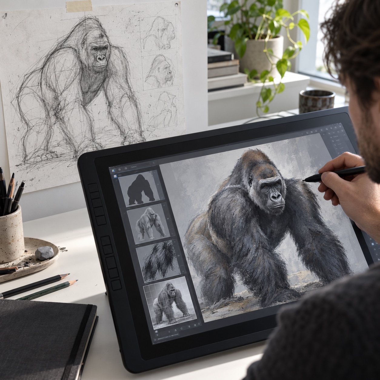 Digital gorilla painting workspace Tablet workspace showing a layered digital gorilla painting and paper sketch | Sky Rye Design Tablet workspace showing a layered digital gorilla painting and paper sketch