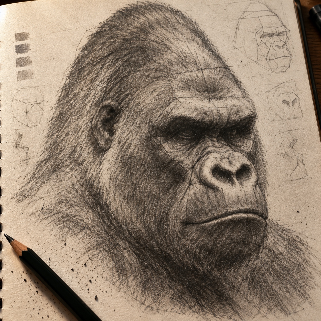 Gorilla face planes study Graphite gorilla head showing brow, muzzle and facial construction planes | Sky Rye Design Graphite gorilla head showing brow, muzzle and facial construction planes
