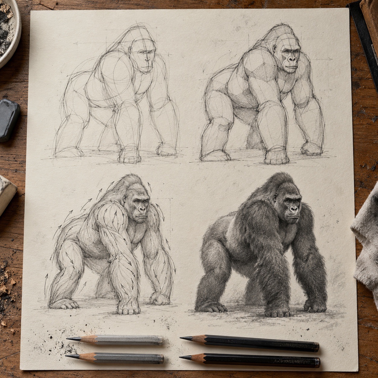 Gorilla drawing in four stages Four-step gorilla drawing from gesture to finished value study | Sky Rye Design Four-step gorilla drawing from gesture to finished value study