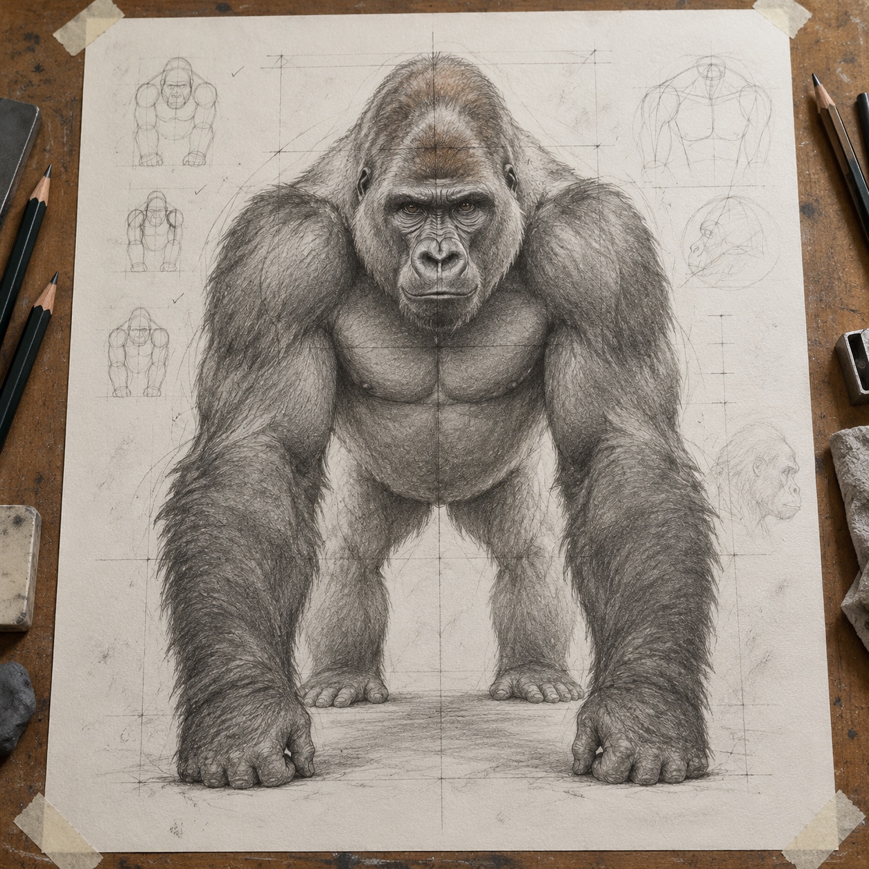 Gorilla front-view drawing Front-view gorilla construction with centerline and broad chest proportions | Sky Rye Design Front-view gorilla construction with centerline and broad chest proportions