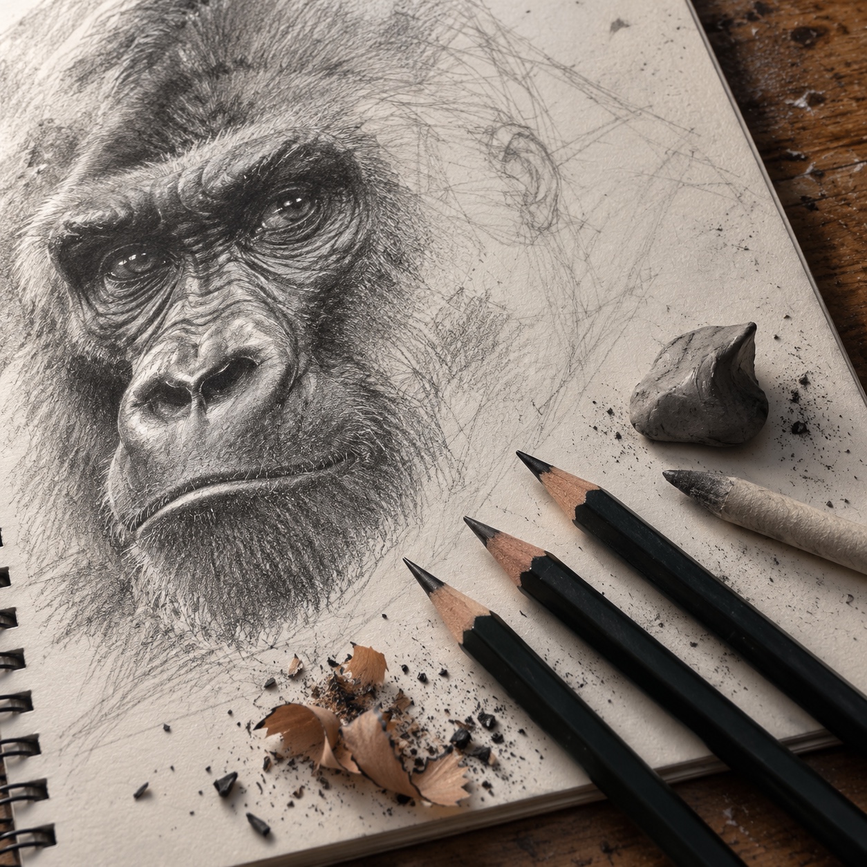 Graphite gorilla drawing tools Graphite pencils and erasers beside a half-finished gorilla face study | Sky Rye Design Graphite pencils and erasers beside a half-finished gorilla face study