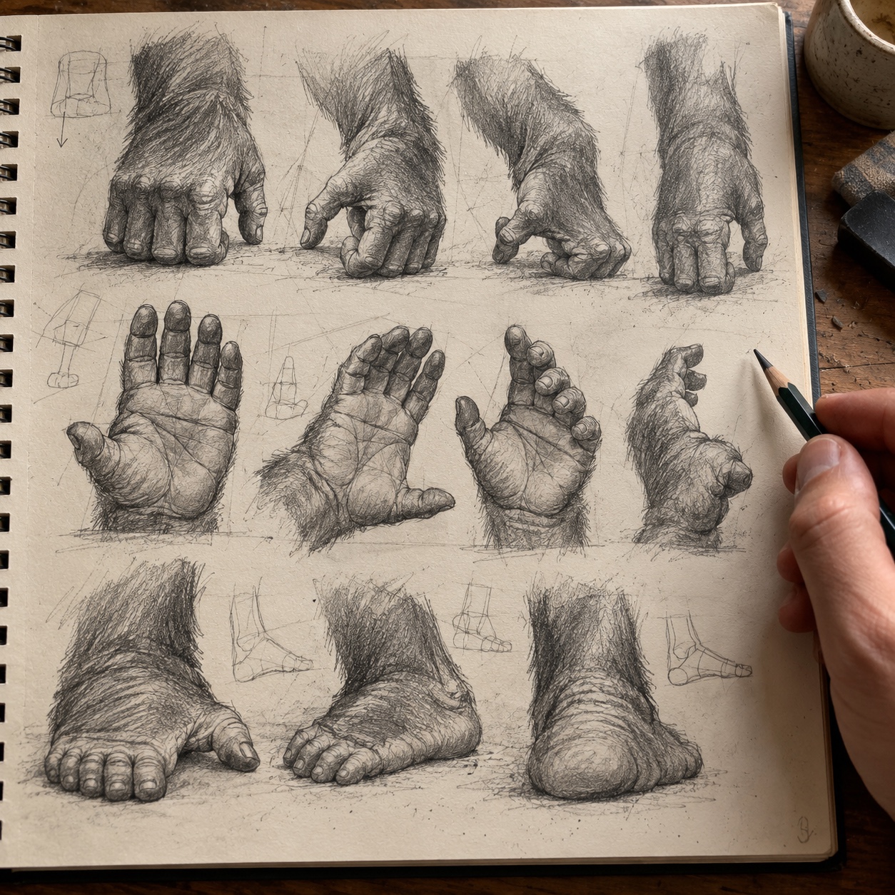 Gorilla hands and knuckles study Sketchbook studies of gorilla knuckles, palm and foot anatomy | Sky Rye Design Sketchbook studies of gorilla knuckles, palm and foot anatomy