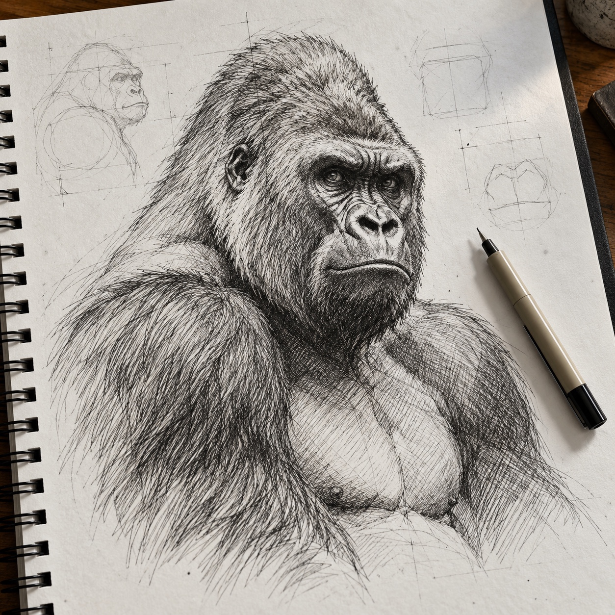 Ink gorilla cross-hatching Gorilla upper-body drawing built with directional ink cross-hatching | Sky Rye Design Gorilla upper-body drawing built with directional ink cross-hatching