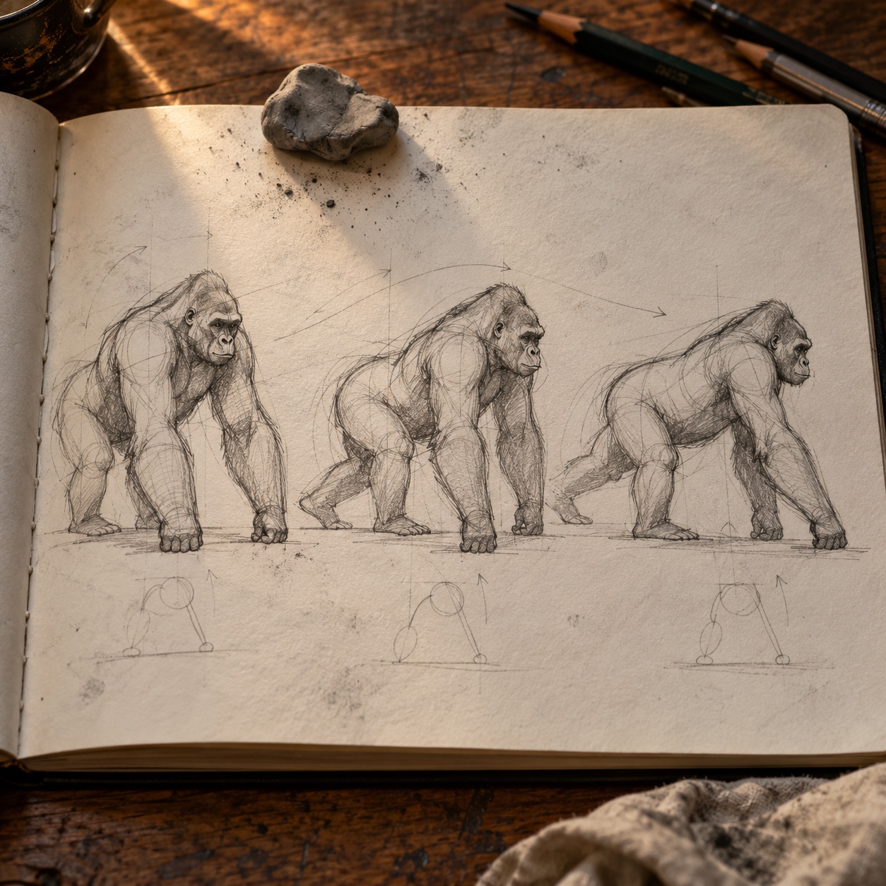 Gorilla knuckle-walking sequence Three gesture sketches showing the rhythm of a knuckle-walking gorilla | Sky Rye Design Three gesture sketches showing the rhythm of a knuckle-walking gorilla
