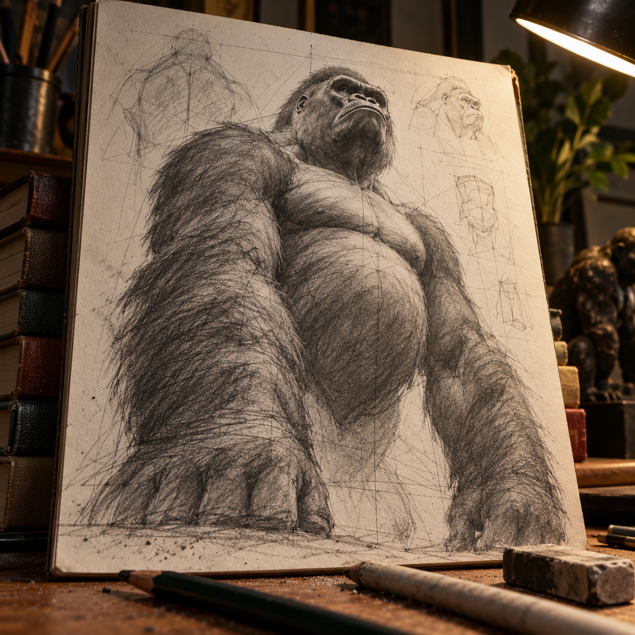 Gorilla low-angle drawing study Low-angle gorilla drawing with foreshortened chest and arms | Sky Rye Design Low-angle gorilla drawing with foreshortened chest and arms