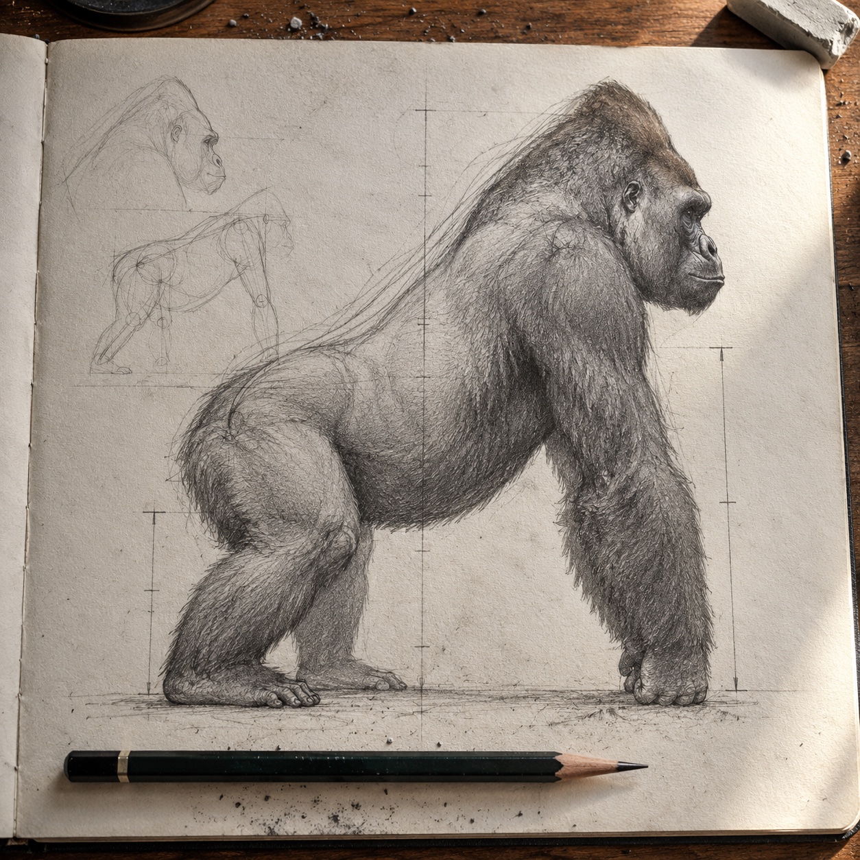 Gorilla profile drawing Profile gorilla sketch comparing long arm and shorter leg proportions | Sky Rye Design Profile gorilla sketch comparing long arm and shorter leg proportions