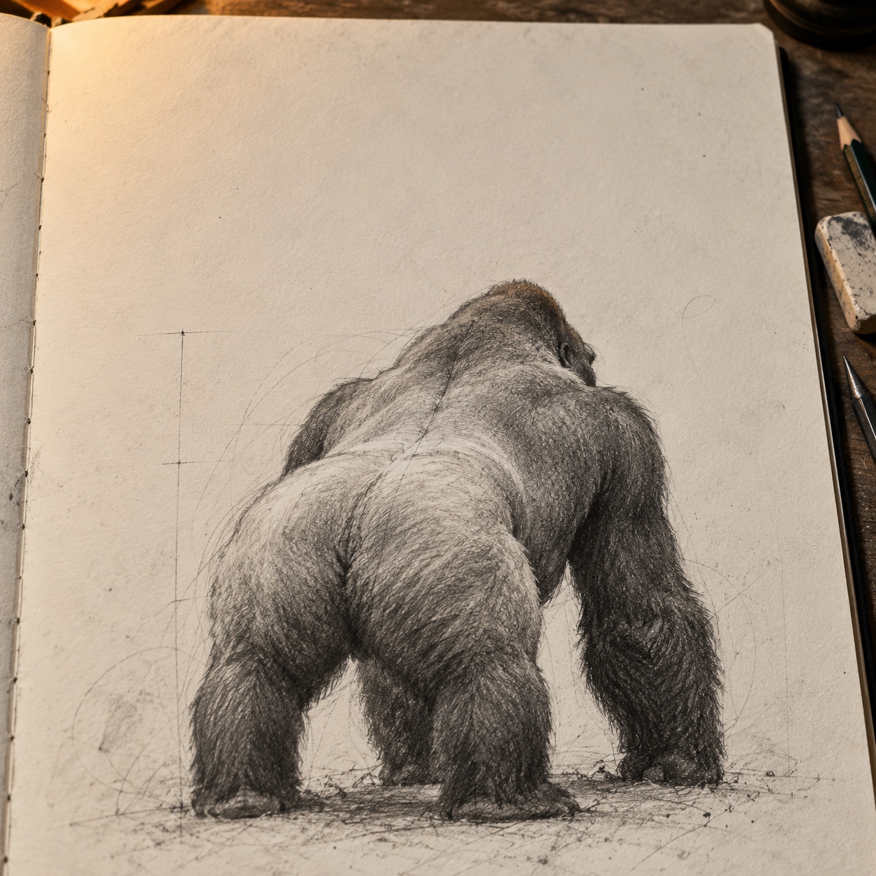 Silverback gorilla rear view Rear-view gorilla drawing with broad shoulders and silver saddle | Sky Rye Design Rear-view gorilla drawing with broad shoulders and silver saddle