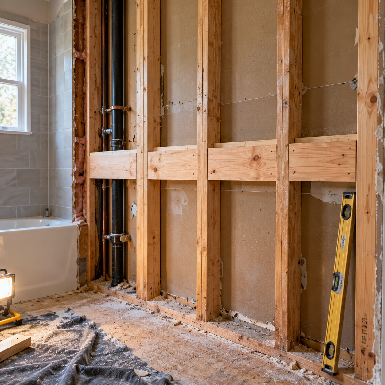 Open bathroom wall showing timber blocking between studs for a future grab bar