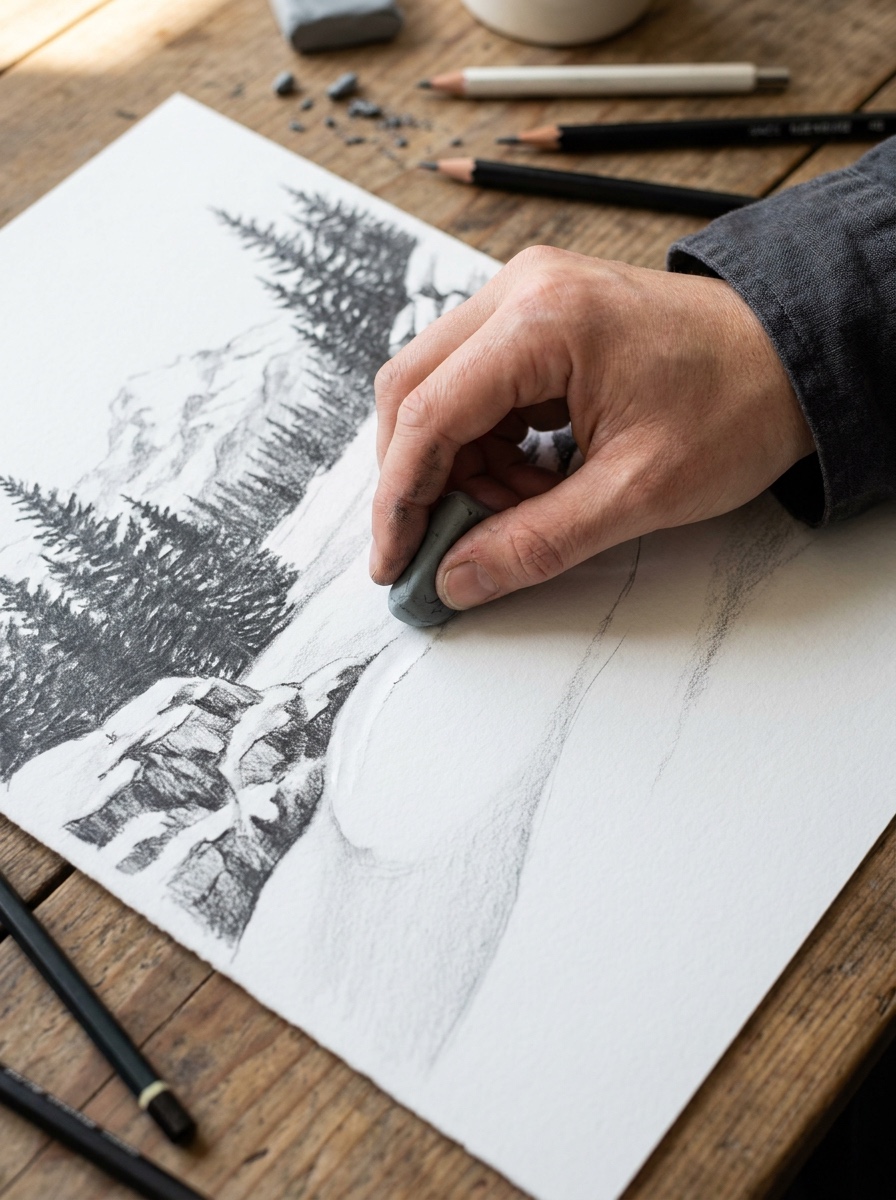 Graphite snow with negative space Hand lifting highlights with a kneaded eraser on a graphite snow drawing on white paper | Sky Rye Design Hand lifting highlights with a kneaded eraser on a graphite snow drawing on white paper