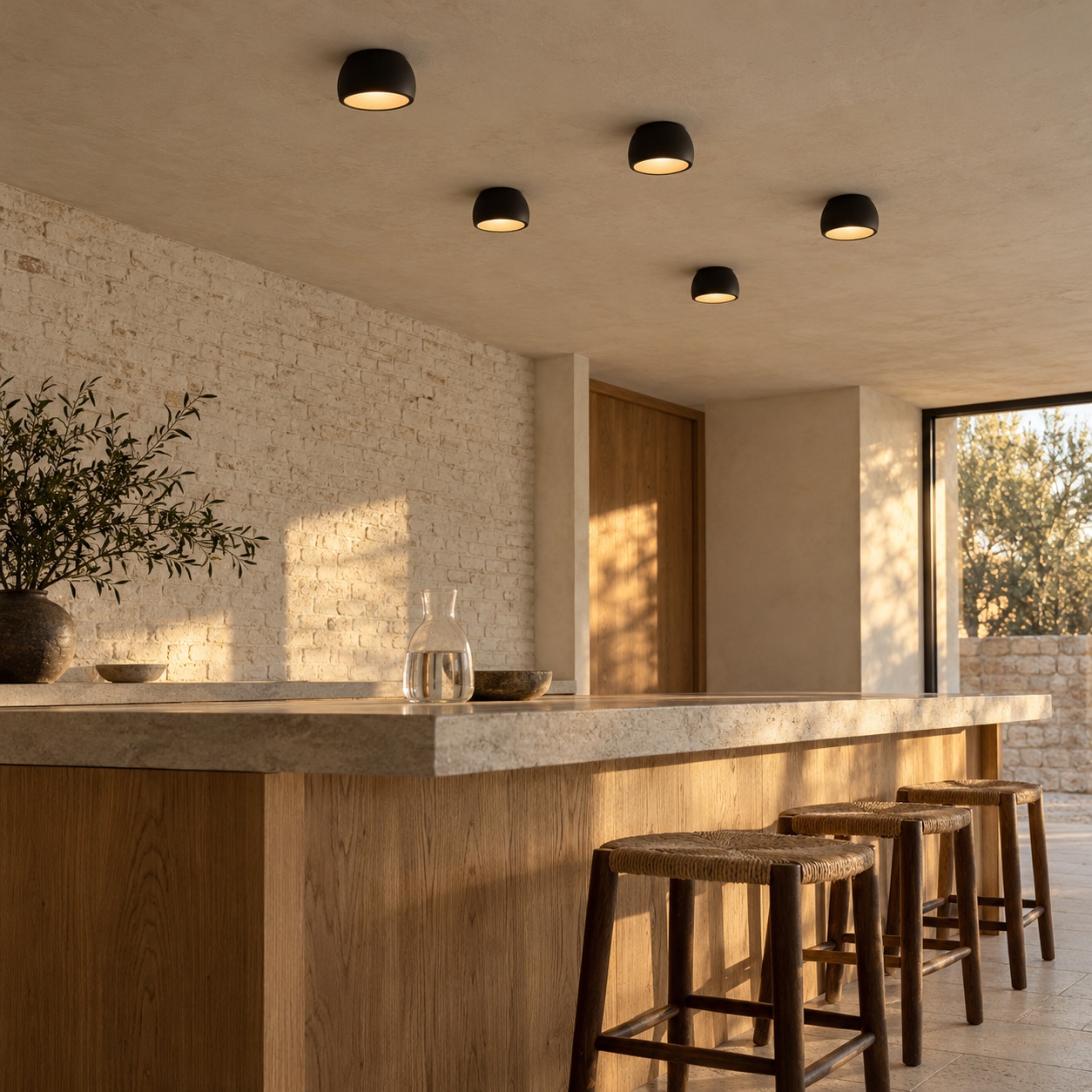 Grouped small black flush mount lights Five small black dome fixtures form a loose ceiling cluster above an oak counter. | Sky Rye Design Five small black dome fixtures form a loose ceiling cluster above an oak counter.