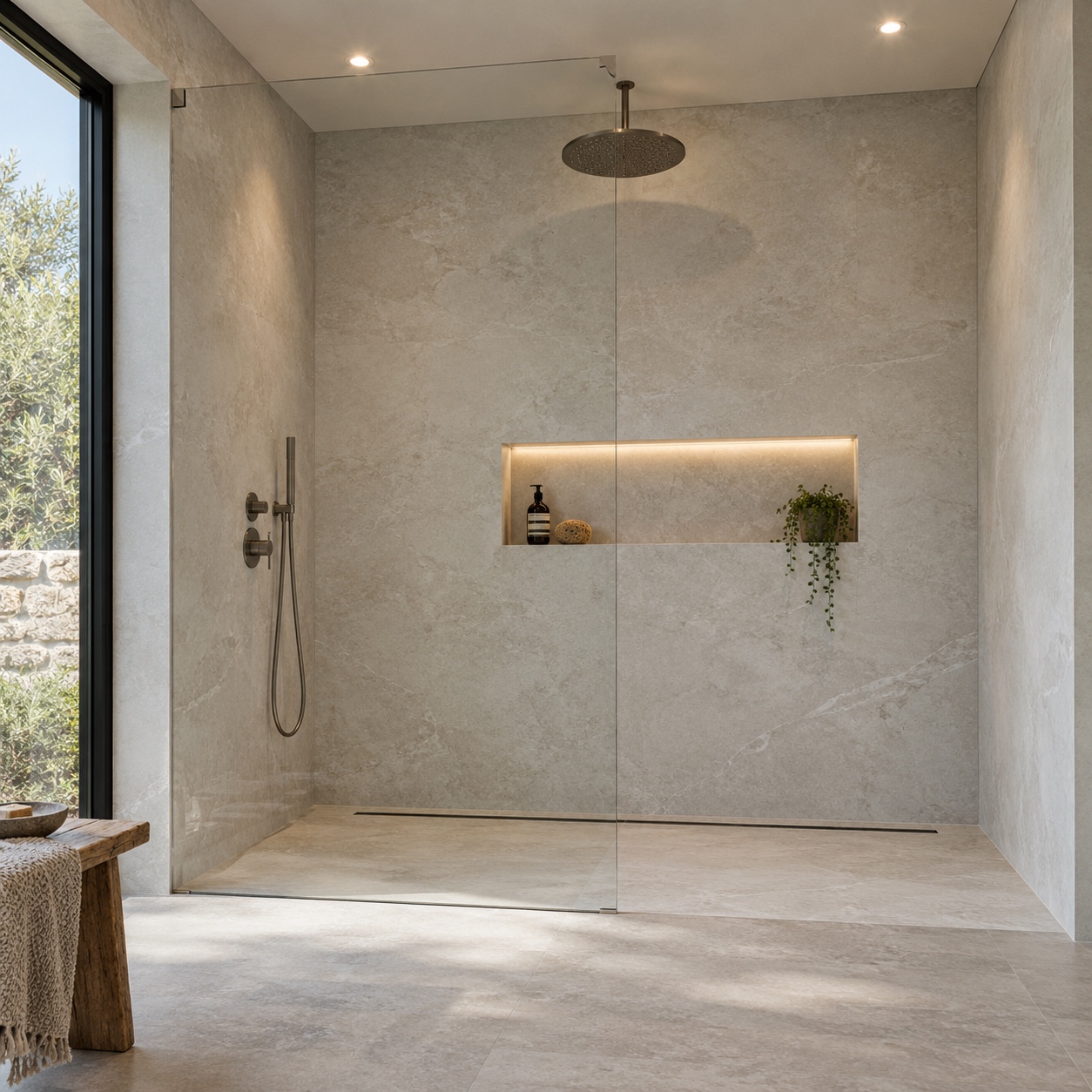 Walk-in shower with pale grout-free walls, frameless glass and a linear drain