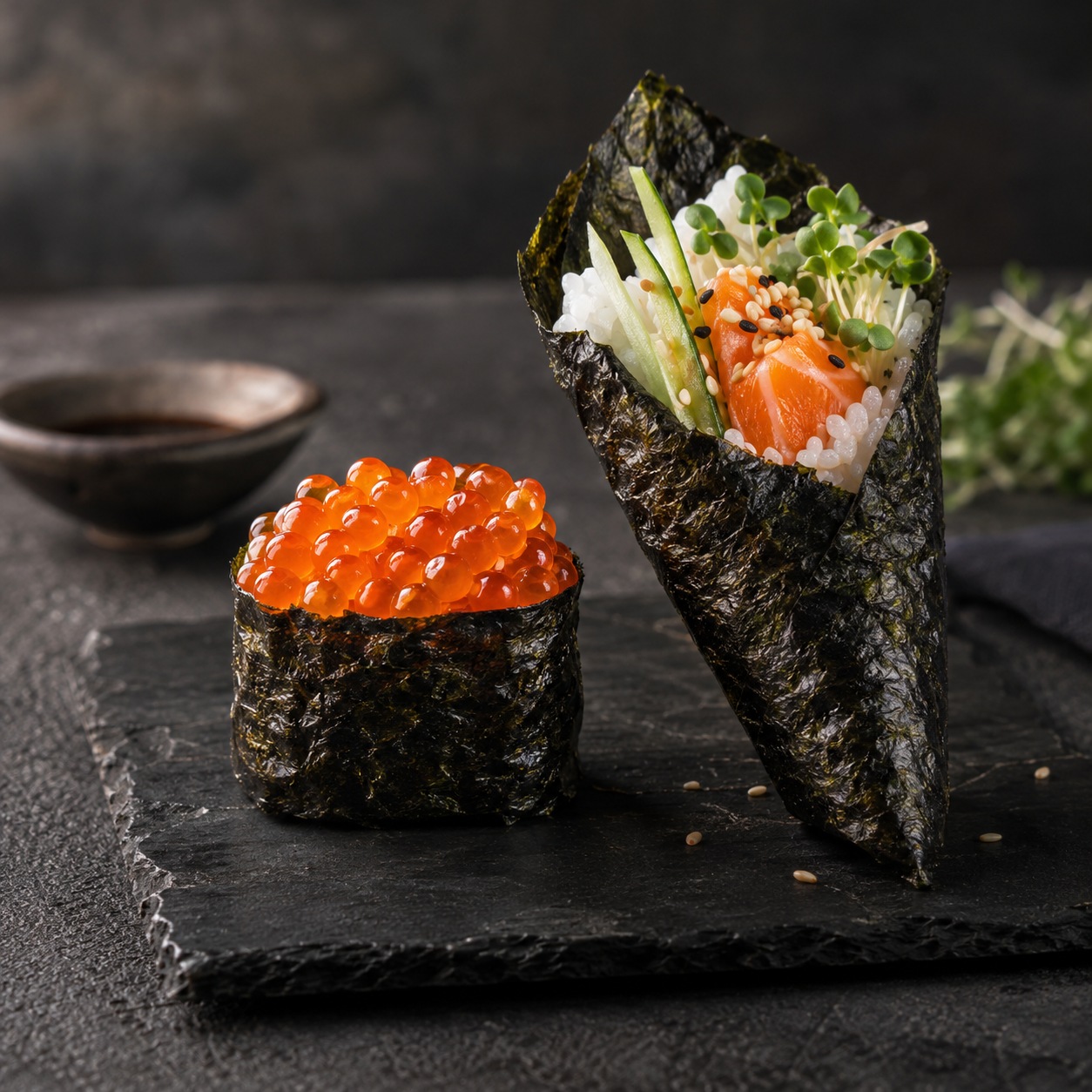 Gunkan with orange roe and a cone-shaped temaki on a matte slate board