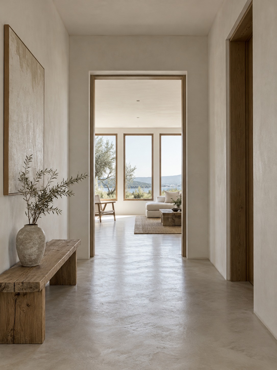 Hallway window sightlines View through a minimal hallway toward a group of aligned windows | Sky Rye Design View through a minimal hallway toward a group of aligned windows
