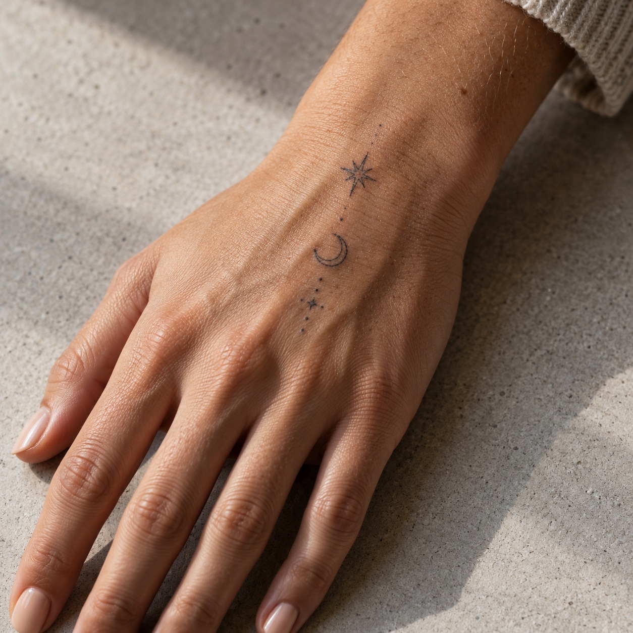Star, crescent and small dots tattooed on the back of a hand