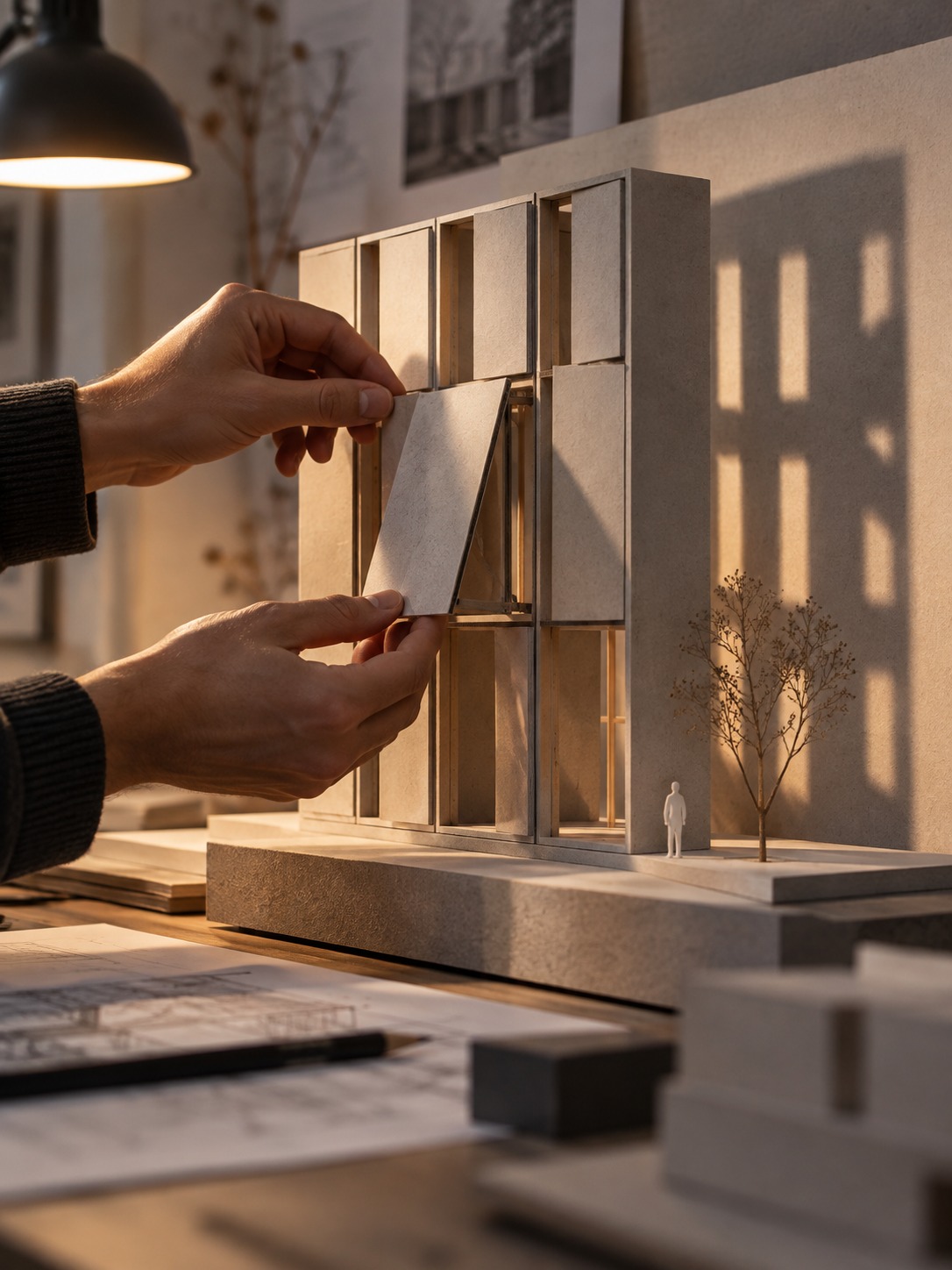 Hands adjusting a hinged panel on a card facade model
