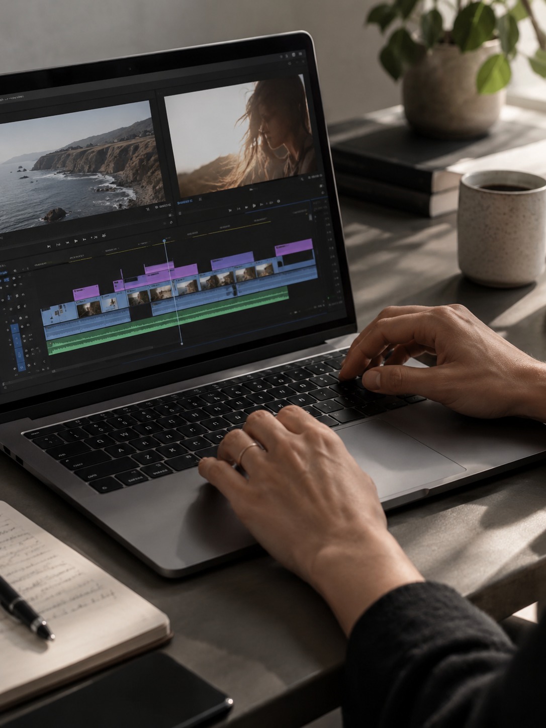Hands adjusting a video edit Hands adjusting clips and timing on a laptop video-editing timeline | Sky Rye Design Hands adjusting clips and timing on a laptop video-editing timeline