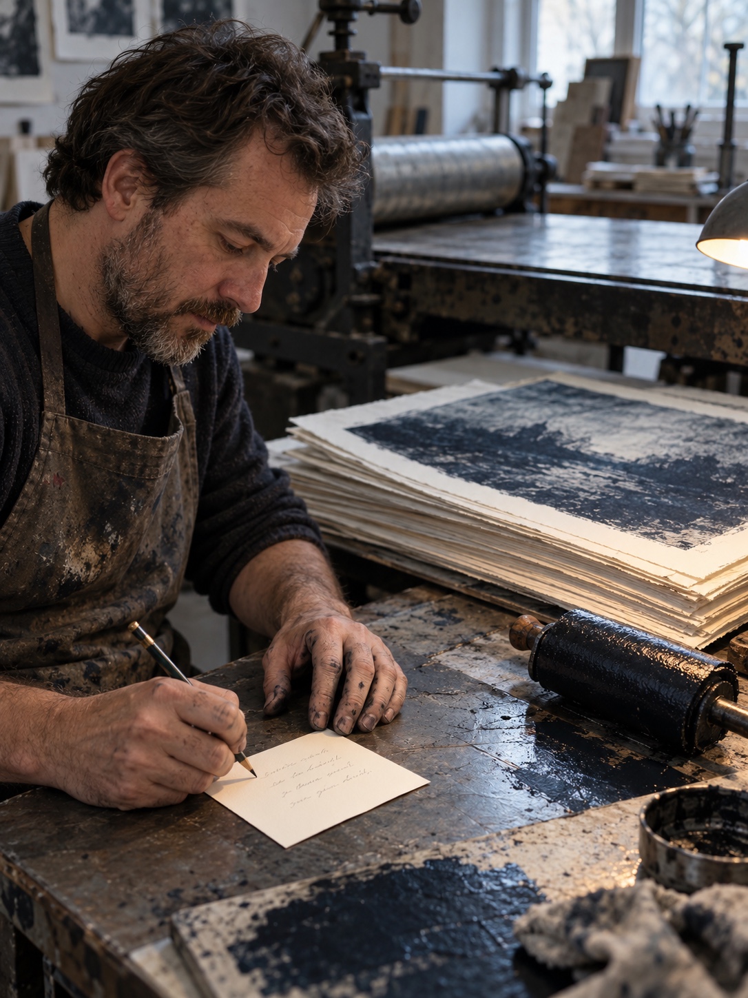 Four lines before the images Printmaker writes a short four-line note on an index card beside a stack of large monotype prints on a worktable | Sky Rye Design Printmaker writes a short four-line note on an index card beside a stack of large monotype prints on a worktable