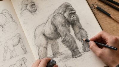 Hands sketching a three-quarter gorilla in graphite on an open sketchbook