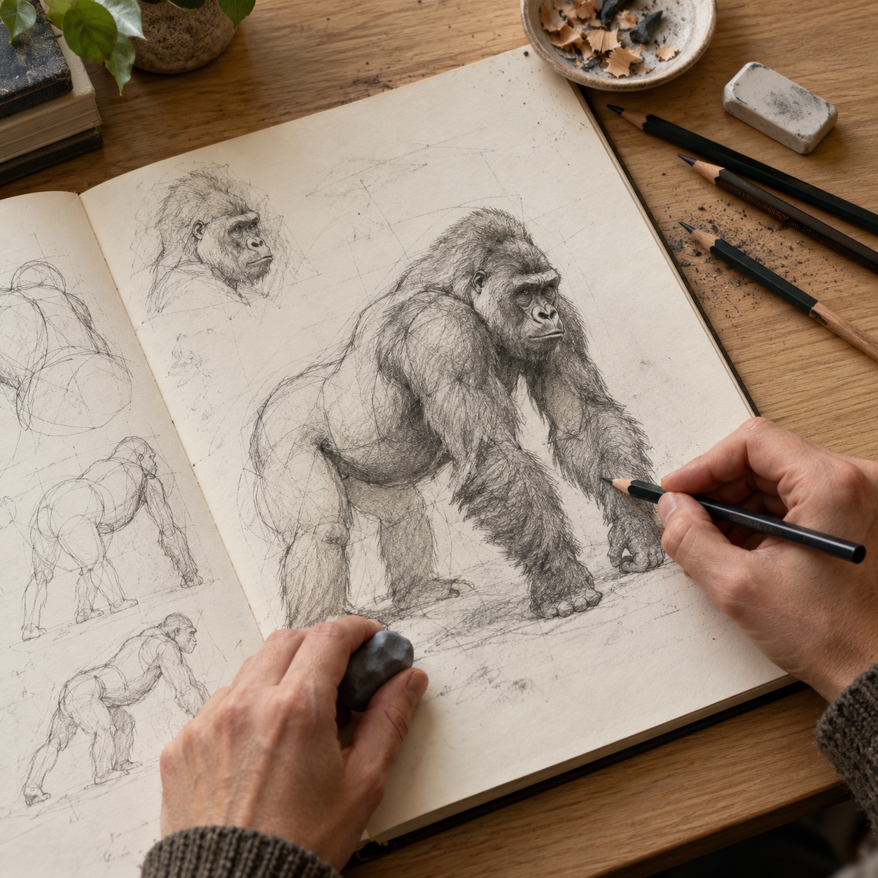 Artist drawing a gorilla in graphite Hands sketching a three-quarter gorilla in graphite on an open sketchbook | Sky Rye Design Hands sketching a three-quarter gorilla in graphite on an open sketchbook