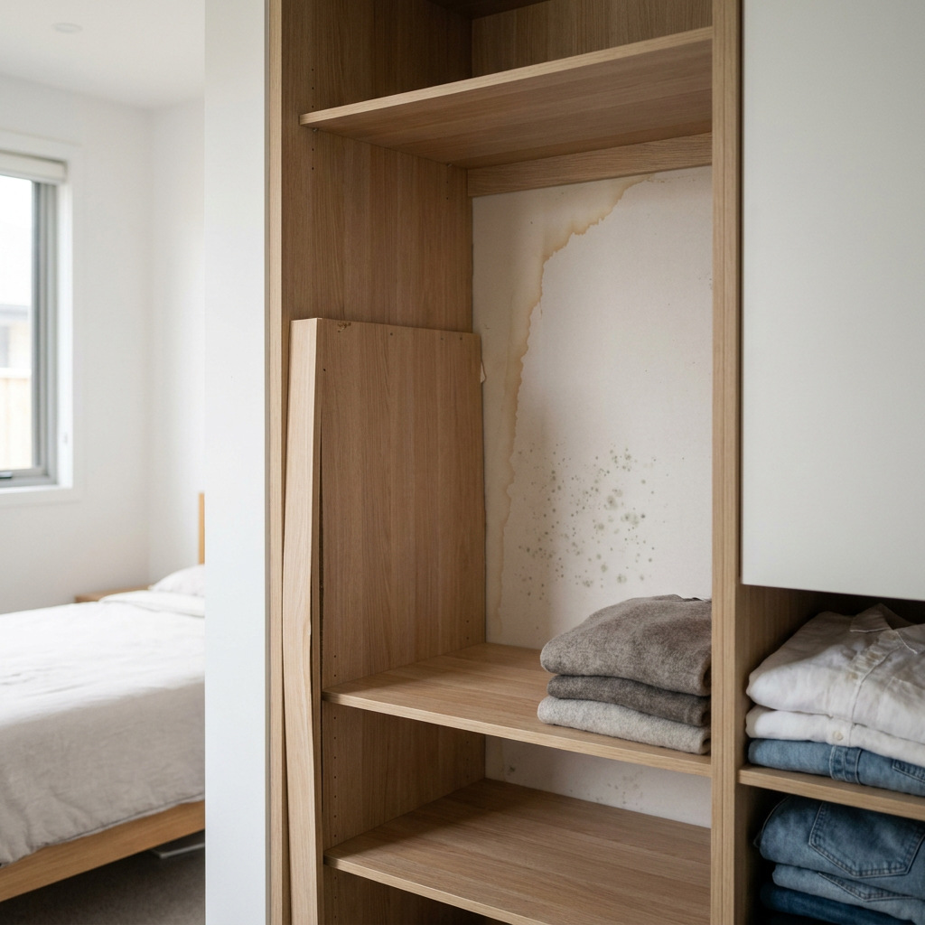 Built-in wardrobe with a panel removed, revealing faint water staining on the wall behind