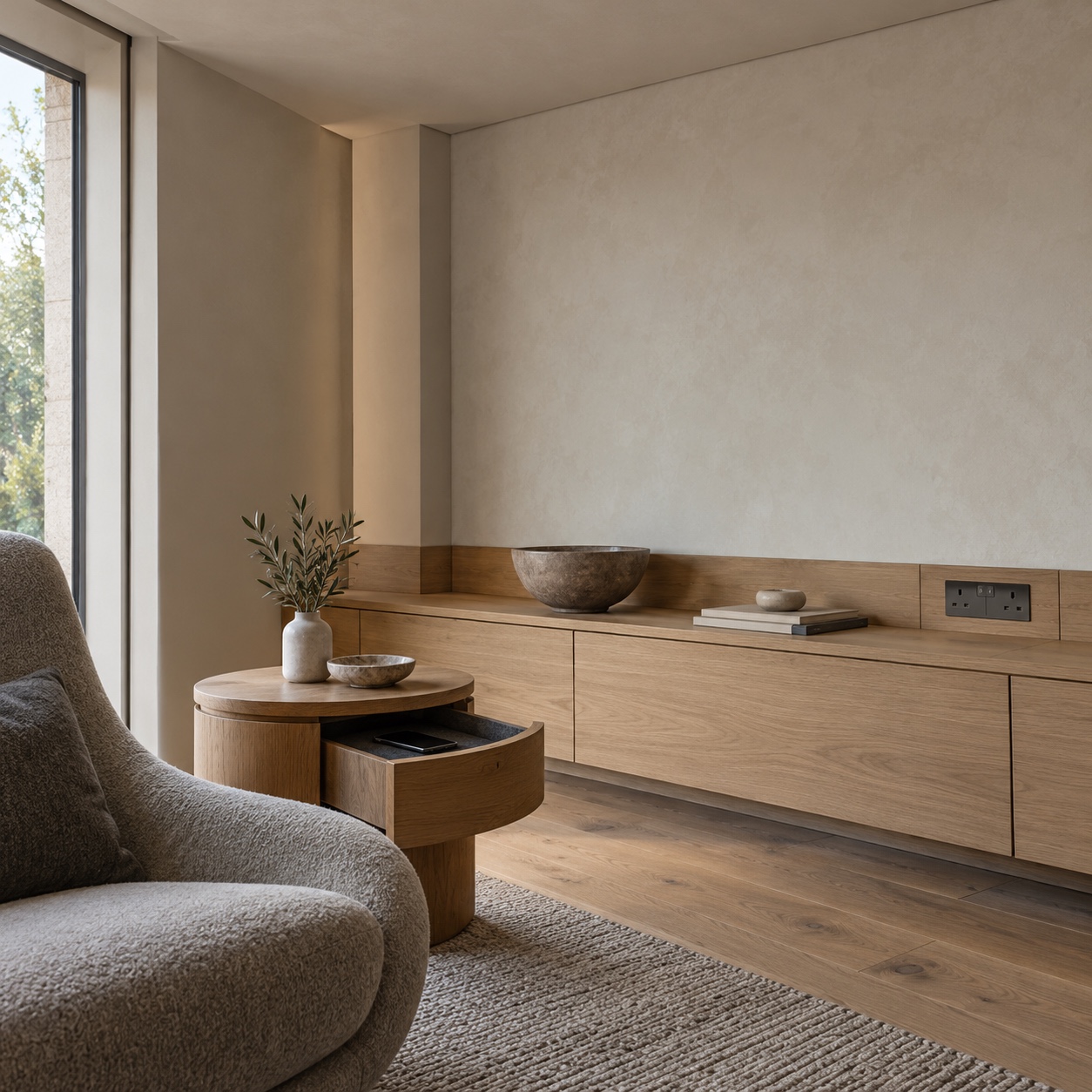 Oak lounge joinery with flush outlets and a discreet charging drawer with no visible cables